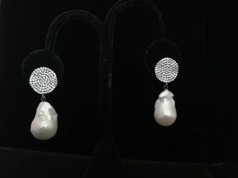 Screw Back Drop Earrings for Security -Small Dangling Baroque Pearls with Crystal Tops