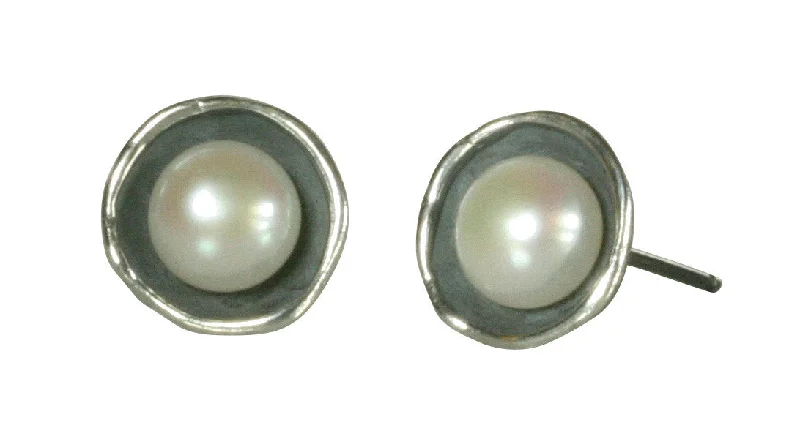 Drop Earrings with Textured Surface -Small Dishy Earrings with Pearls Post