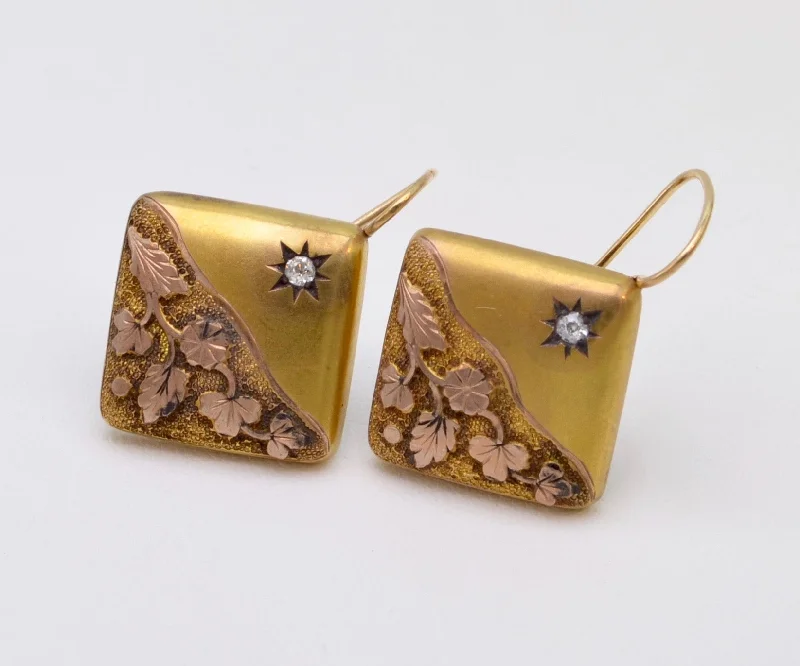 Rhinestone Drop Earrings for Sparkle -14K Antique Early American Gold Earrings with Rose-Cut Diamond Accent