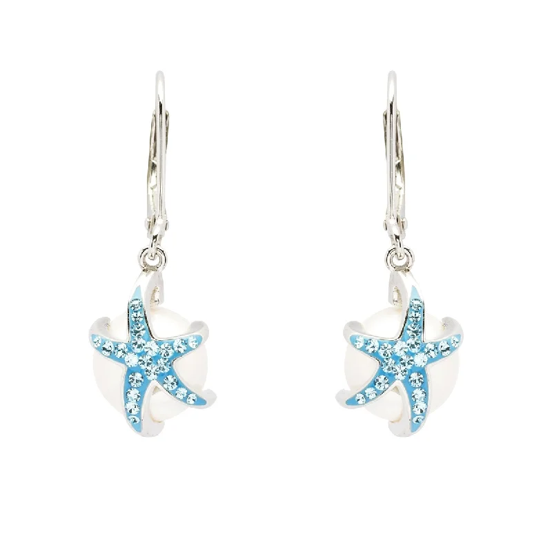 Clip On Drop Earrings for Non Pierced -Starfish Drop Pearl Earrings With Aqua Swarovski® Crystals