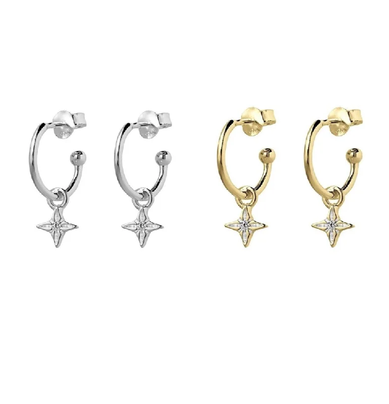 Detachable Drop Earrings with Charms -Sterling Silver Earrings - Mini Half Hoop with CZ Star