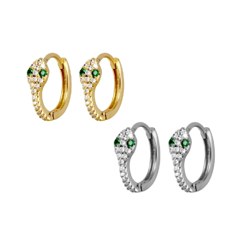 Magnetic Closure Drop Earrings for Easy -Sterling Silver Sleepers - CZ Snake with Green Eyes