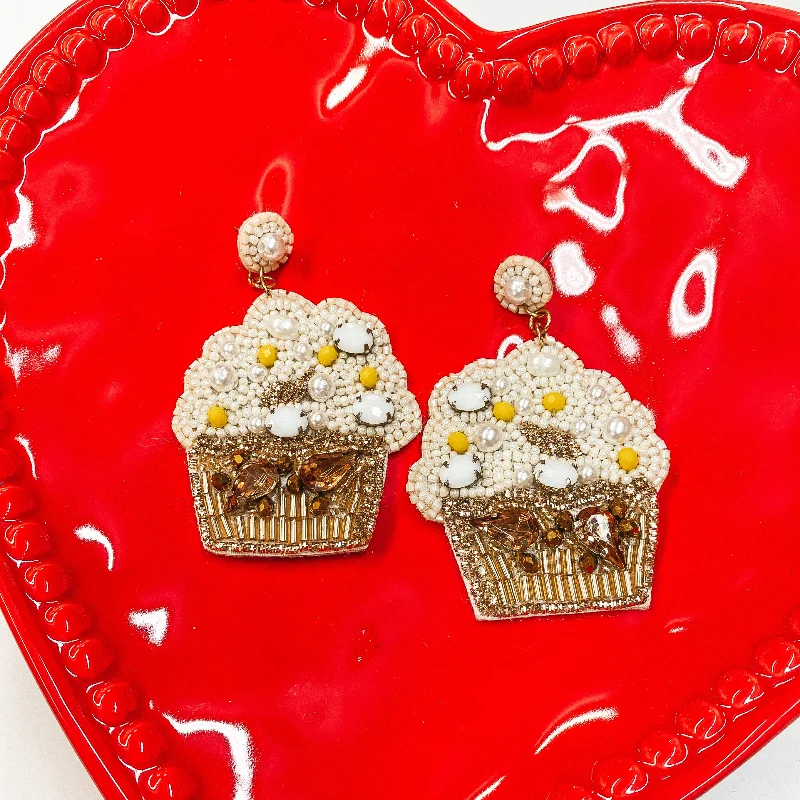 Drop Earrings with Textured Surface -Sweet Tooth Beaded Cupcake Earrings  with Crystals in Ivory