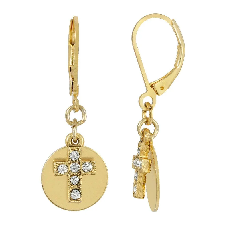 Lead Free Drop Earrings for Health -Symbols Of Faith Crystal Cross With Round Disc Earrings