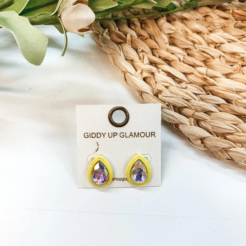 Gothic Drop Earrings with Dark Tone -Teardrop Glass Stone Post Earrings with AB Crystal in Yellow