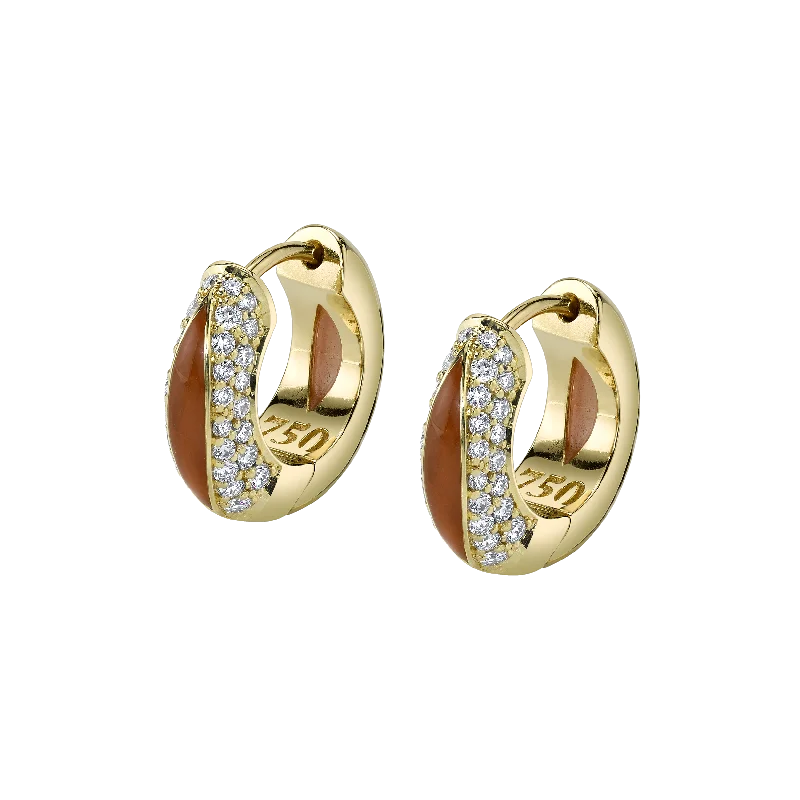 Hypoallergenic Drop Earrings for Sensitive -The Perfect Huggie Earring with Cognac Enamel and Diamond Pave