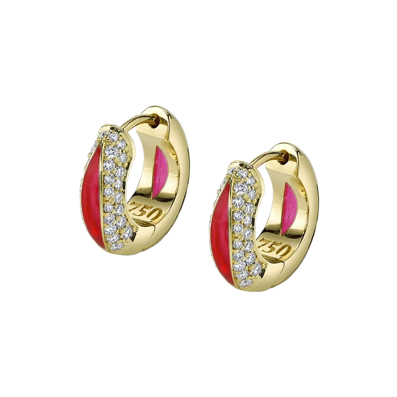 Indian Drop Earrings with Intricacy -The Perfect Huggie Earring with Red Enamel and Diamond Pave