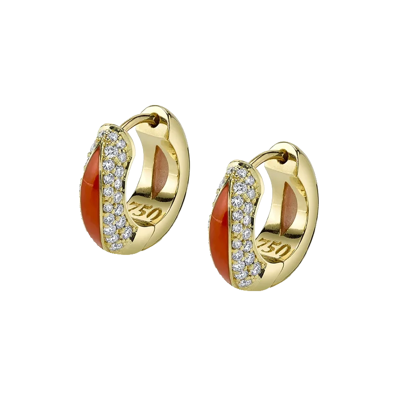 Celtic Drop Earrings with Knotwork -The Perfect Huggie Earring with Orange Enamel and Diamond Pave