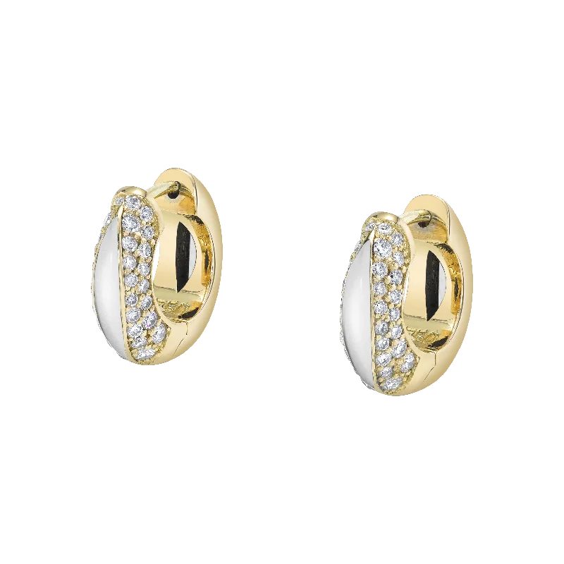 Round Drop Earrings for Classic -The Perfect Huggie Earring with Cacholong Inlay and Diamond Pave