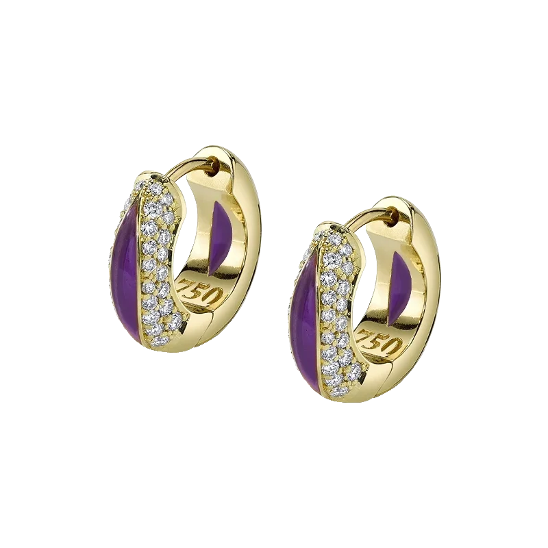 Punk Drop Earrings with Spikes -The Perfect Huggie Earring with Purple Enamel and Diamond Pave