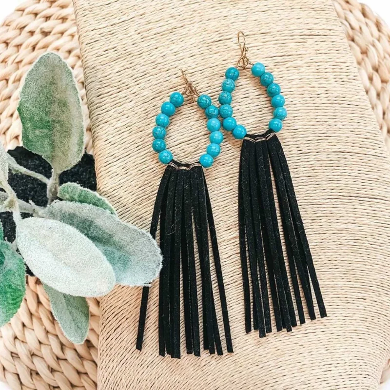 Drop Earrings for Valentine's Day -Turquoise Beaded Hoop Earrings with Black Tassels