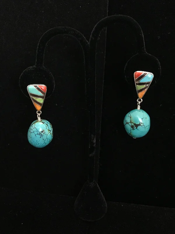 Magnetic Closure Drop Earrings for Easy -Turquoise Drops with Inlayed Tops