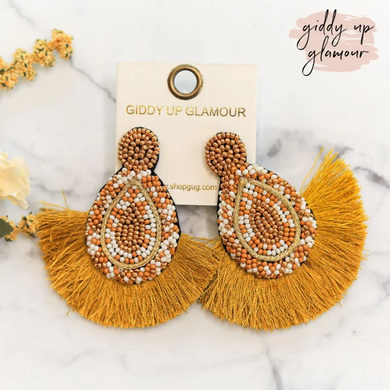 Drop Earrings for Wellness Routine -Vaycay Ready Beaded Earrings with Fringe in Mustard Yellow