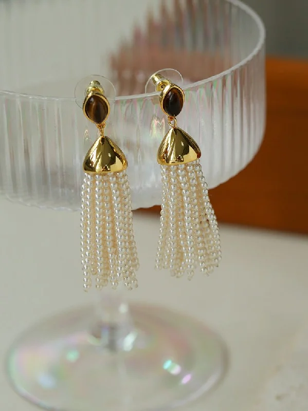 Nickel Free Drop Earrings for Safety -Vintage Princess Tassel Pearl Earrings with Marquise Tiger's Eye