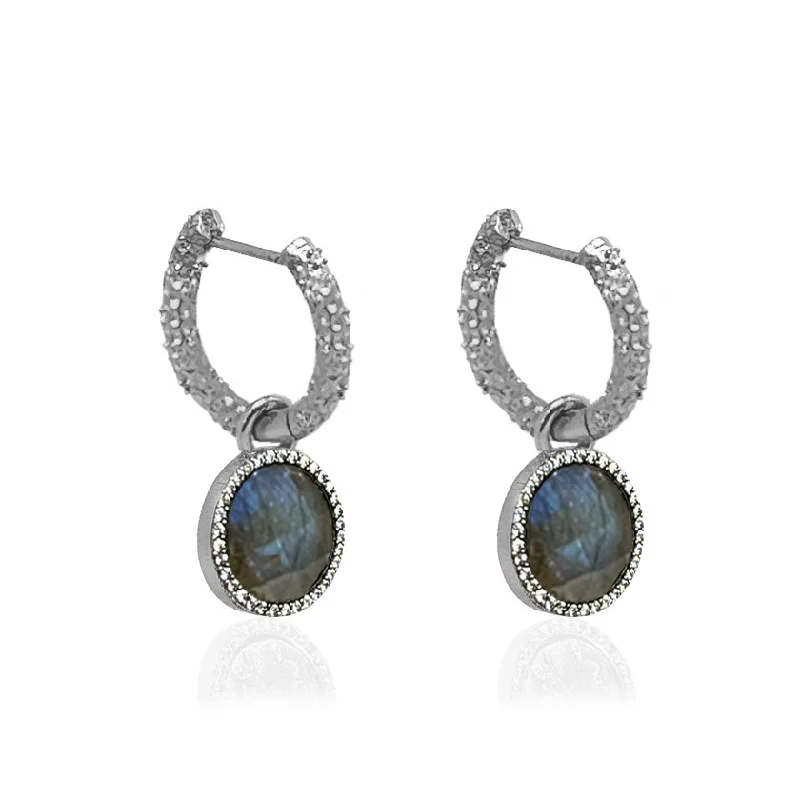 Drop Earrings for Office Wear -VINTAGE SILVER CRYSTAL HUGGIES WITH SLIDE ON LABRADORITE CHARMS