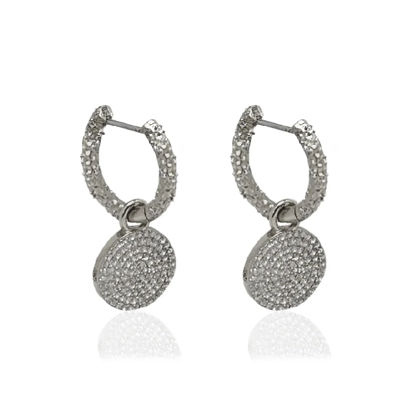 Drop Earrings for Concert Look -VINTAGE SILVER CRYSTAL HUGGIES WITH SLIDE ON PAVE DISC