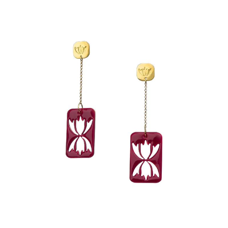 Drop Earrings for Fitness Activities -Waterlily - long earrings with enamel - red