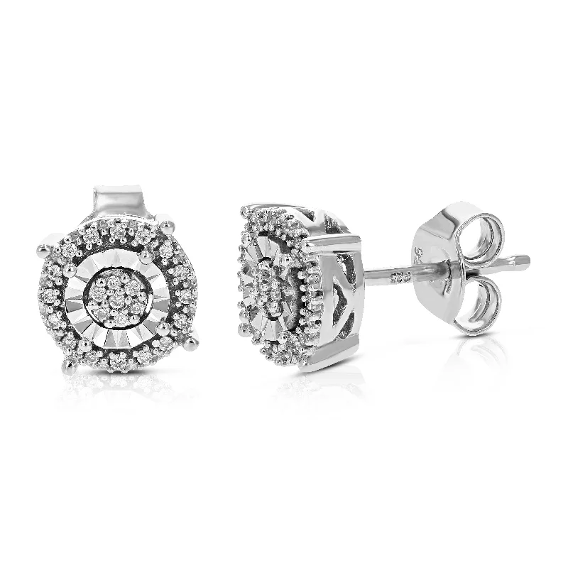 Vintage Stud Earrings with Patina -1/10 cttw Round Cut Lab Grown Diamond Prong Set Stud Earrings For Women .925 Sterling Silver