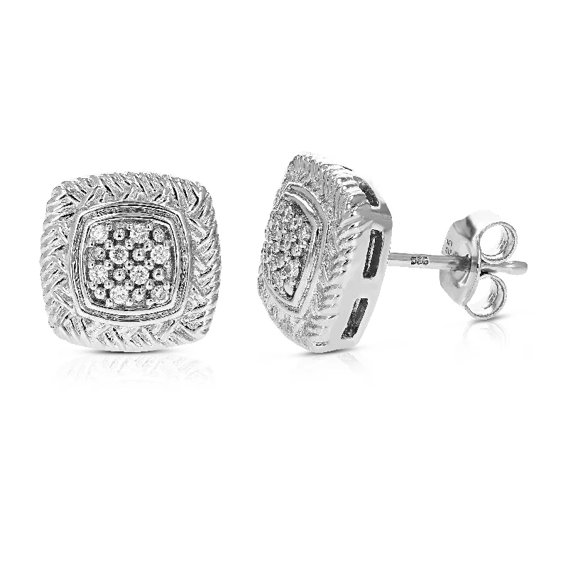 Stud Earrings with Etching -1/10 cttw Round Lab Grown Diamond Prong Set Stud Earrings .925 Sterling Silver