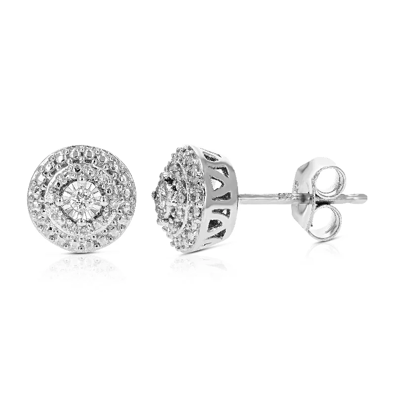 Bohemian Stud Earrings with Tassels -1/10 cttw Round Lab Grown Diamond Prong Set Stud Earrings For Women .925 Sterling Silver