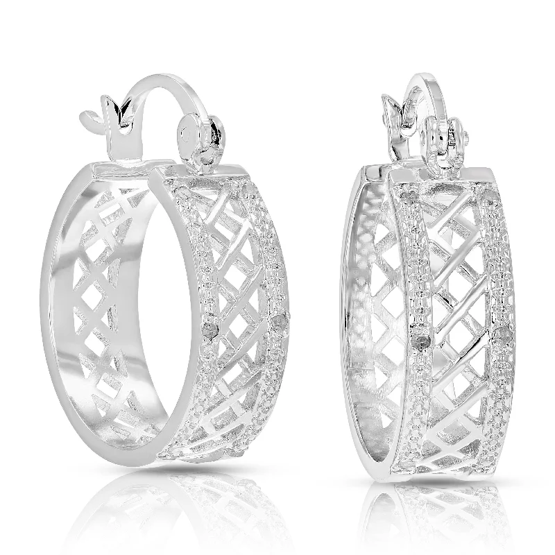 Stud Earrings for Birthday Celebration -1/20 cttw Diamond Hoop Earrings Brass with Rhodium Plating Checkerboard 1/2 Inch