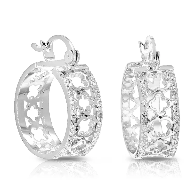 Stud Earrings for Mother's Day -1/20 cttw Diamond Hoop Earrings Brass with Rhodium Plating Clover 1/2 Inch