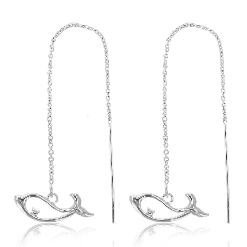 Lightweight Stud Earrings for All Day -1/20 cttw Diamond Dangle Threader Earrings Brass With Rhodium Plating Whale