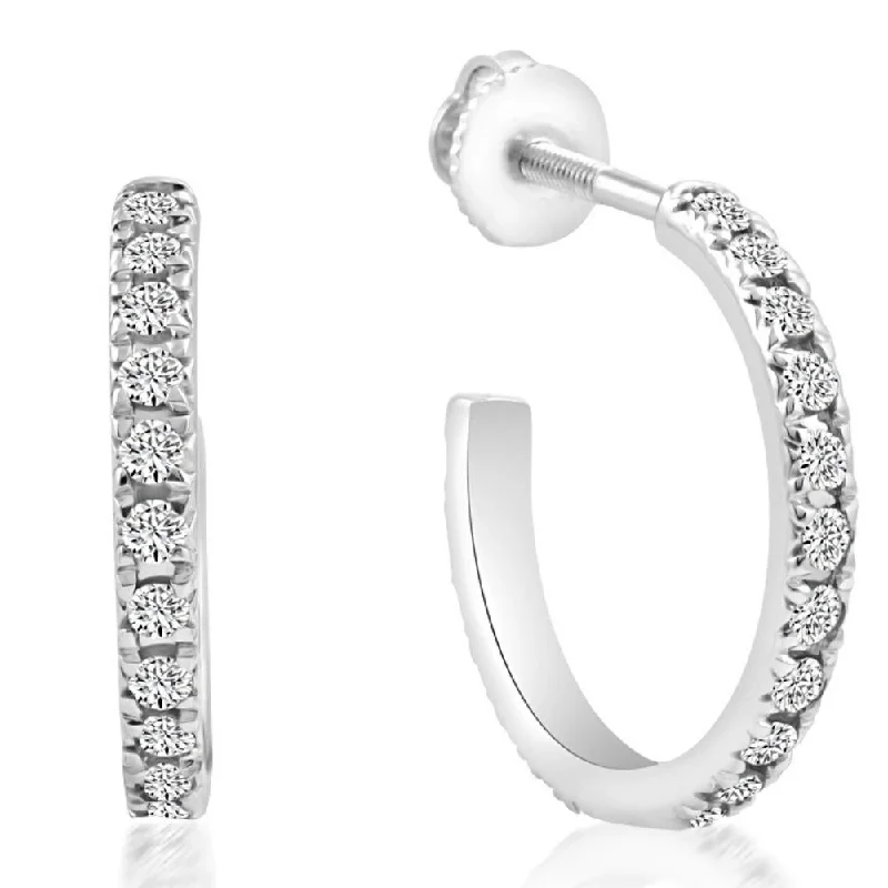 Geometric Stud Earrings for Trend -1/2Ct Diamond Hoops With Screw Backs 10k White Gold 1/2" Tall