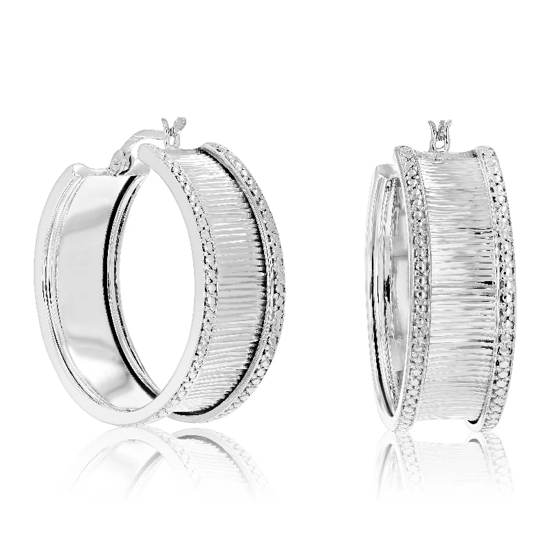 Stud Earrings for Anniversary -1/4 cttw Diamond Hoop Earrings .925 Sterling Silver with Rhodium Plating 1 Inch