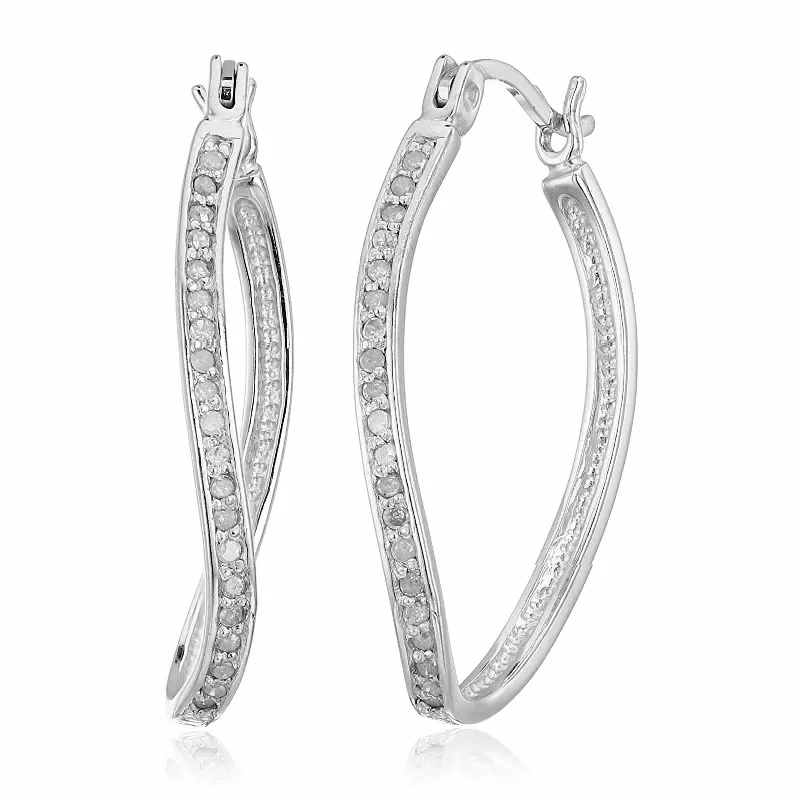 Adjustable Stud Earrings for Custom Fit -1/4 cttw Lab Grown Diamond Hoop Earrings .925 Sterling Silver with Rhodium Plating 1 Inch