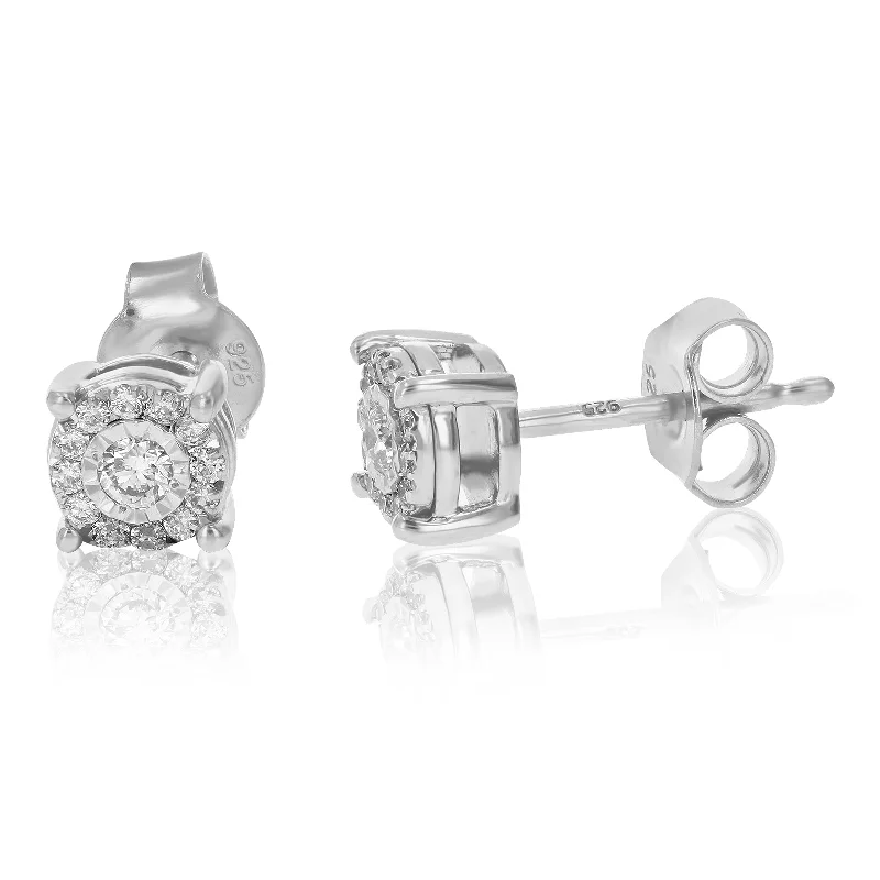 Stud Earrings with Pearls and Diamonds -1/4 cttw Round Lab Grown Diamond Stud Earrings For Women .925 Sterling Silver Prong Set