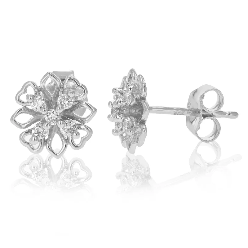 Multi Stud Earrings with Chains -1/5 cttw Round Cut Lab Grown Diamond Stud Earrings .925 Sterling Silver Prong Set Flower Pattern