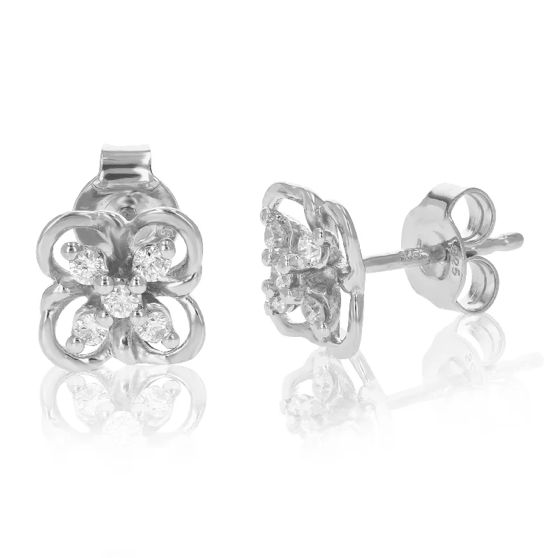 Leverback Stud Earrings for Comfort -1/5 cttw Round Cut Lab Grown Diamond Stud Earrings .925 Sterling Silver Prong Set on Flower Design