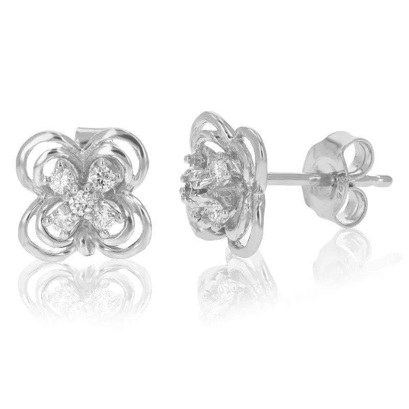 Stud Earrings with Polished Shine -1/5 cttw Round Lab Grown Diamond Stud Earrings .925 Sterling Silver Prong Set Floral Design