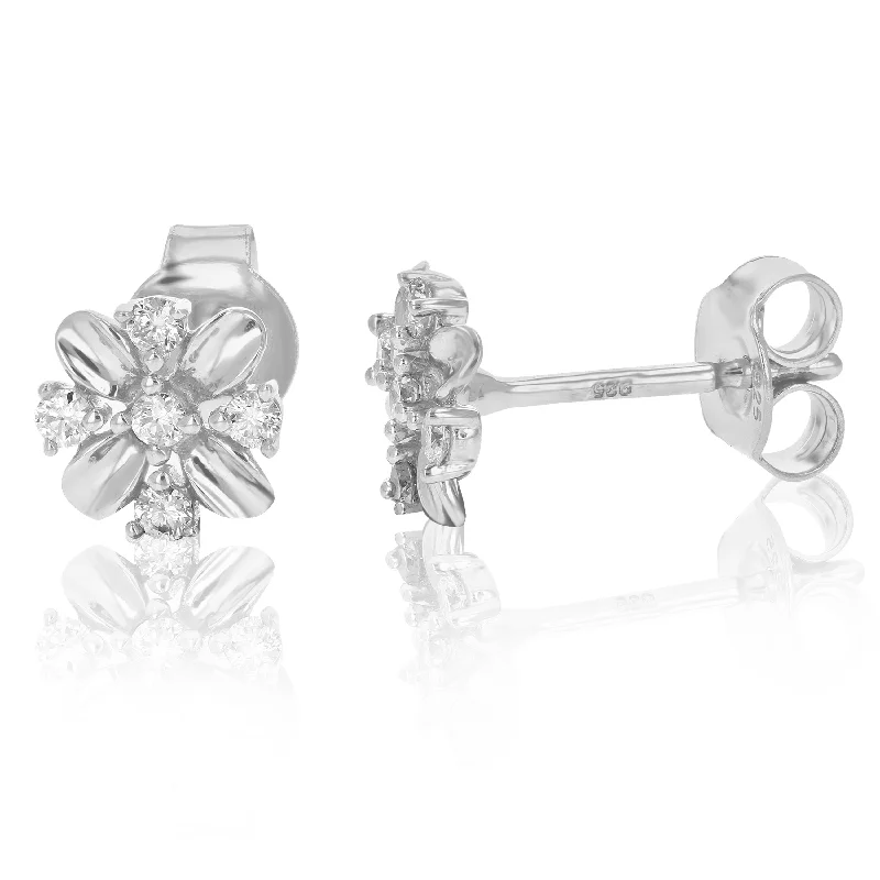 Triple Stud Earrings for Layered -1/5 cttw Round Lab Grown Diamond Stud Earrings Flower Shaped .925 Sterling Silver Prong Set