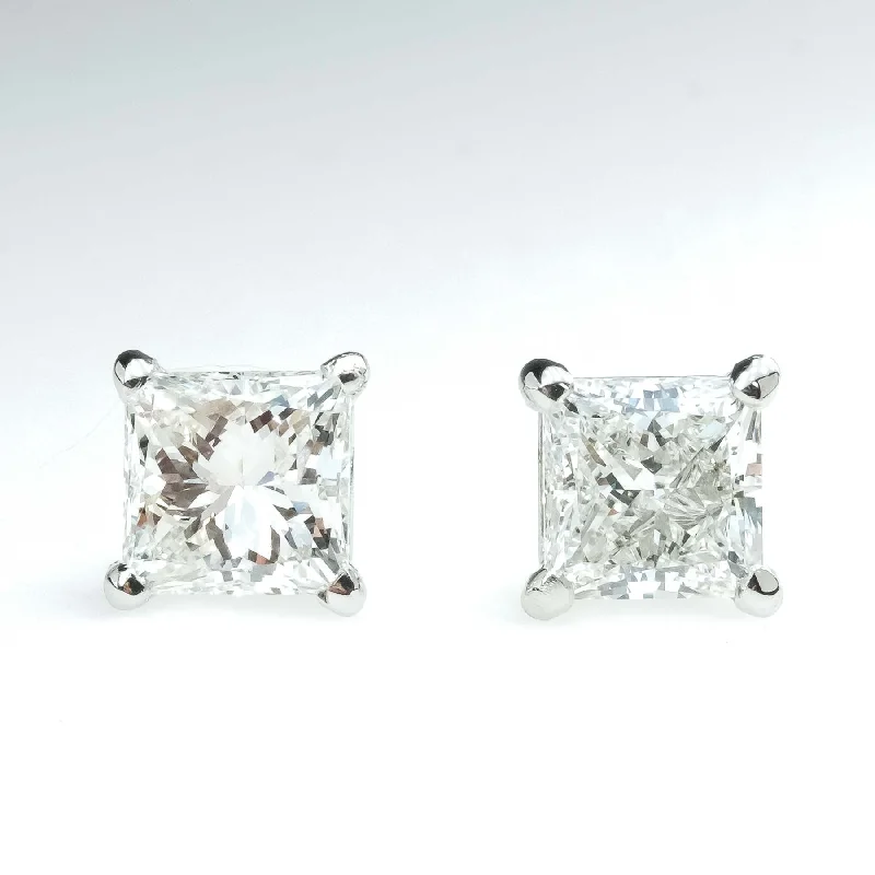 Stud Earrings with Vine Designs -1.50ctw Princess Cut Diamond Solitaire Stud Earrings in 14K White Gold