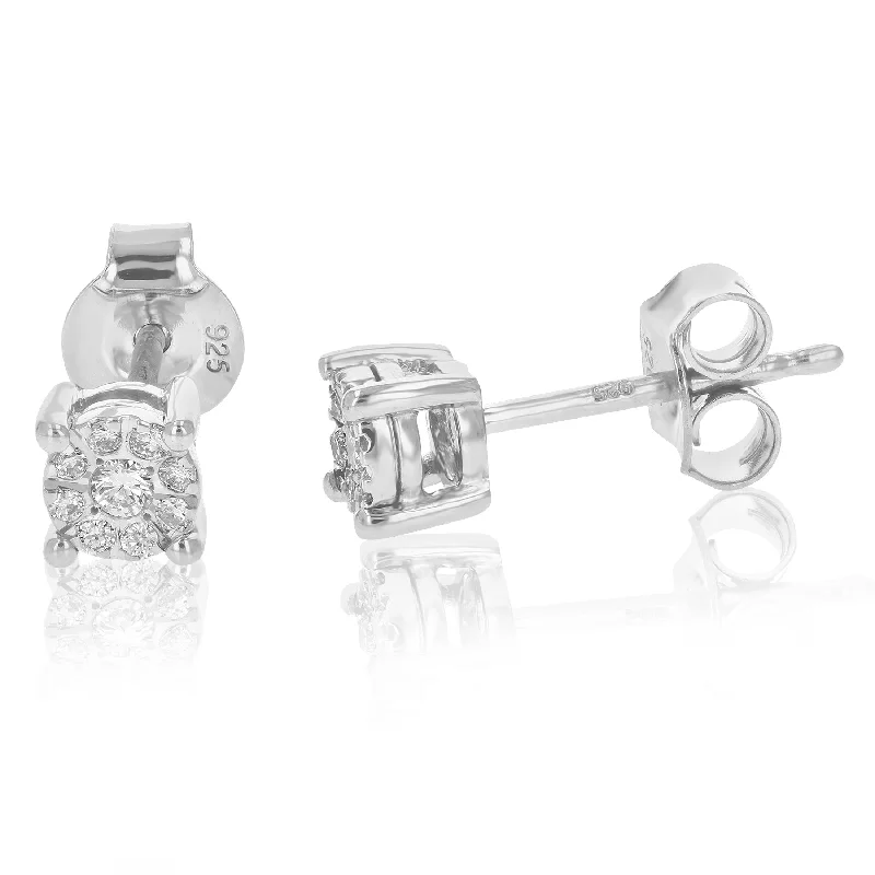 Stud Earrings with Etching -1/8 cttw Round Lab Grown Diamond Stud Earrings in .925 Sterling Silver Prong Settings