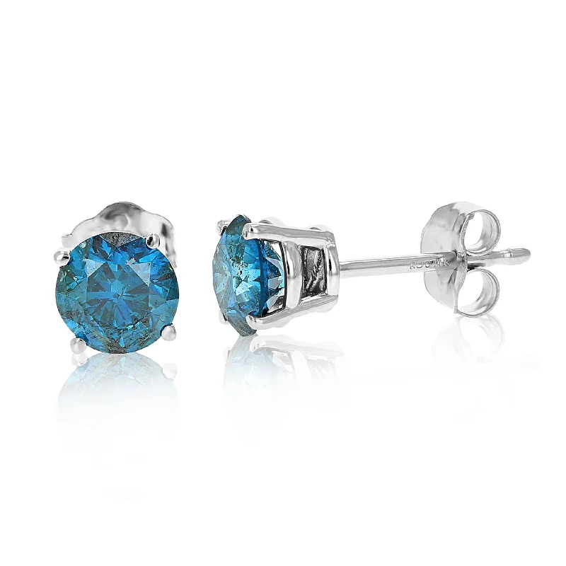 Stud Earrings with Wave Designs -1 cttw Blue Diamond Stud Earrings 14K White Gold Round Shape with Push Backs Prong Set