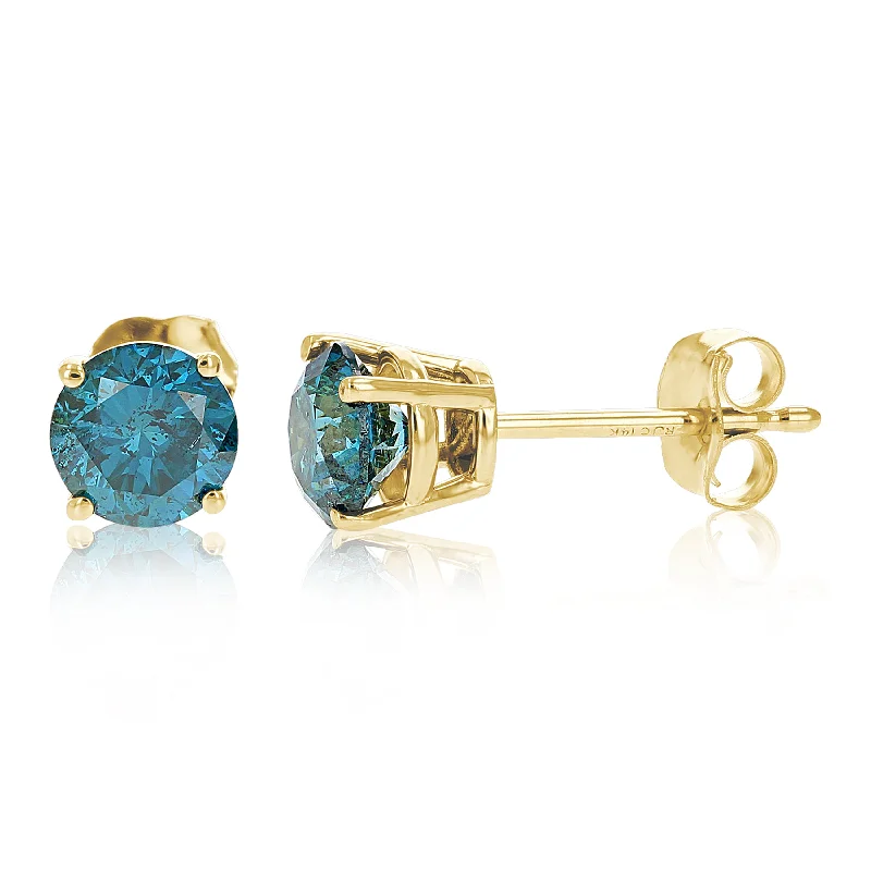 Gold Stud Earrings for Women -1 cttw Blue Diamond Stud Earrings 14k Yellow Gold Round Shape with Push Backs