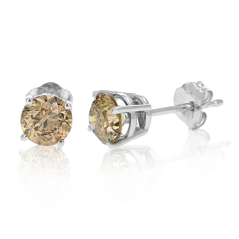 Stud Earrings with Abstract Designs -1 cttw Champagne Diamond Stud Earrings 14K White Gold