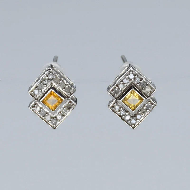 Stud Earrings with Gemstones and Beads -Citrine & Diamond Geometric Stud Earrings | 0.30ctw, 0.14ctw |