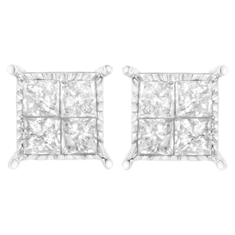 Stud Earrings for Formal Attire -10K White Gold Square Earrings with Princess Cut Diamond