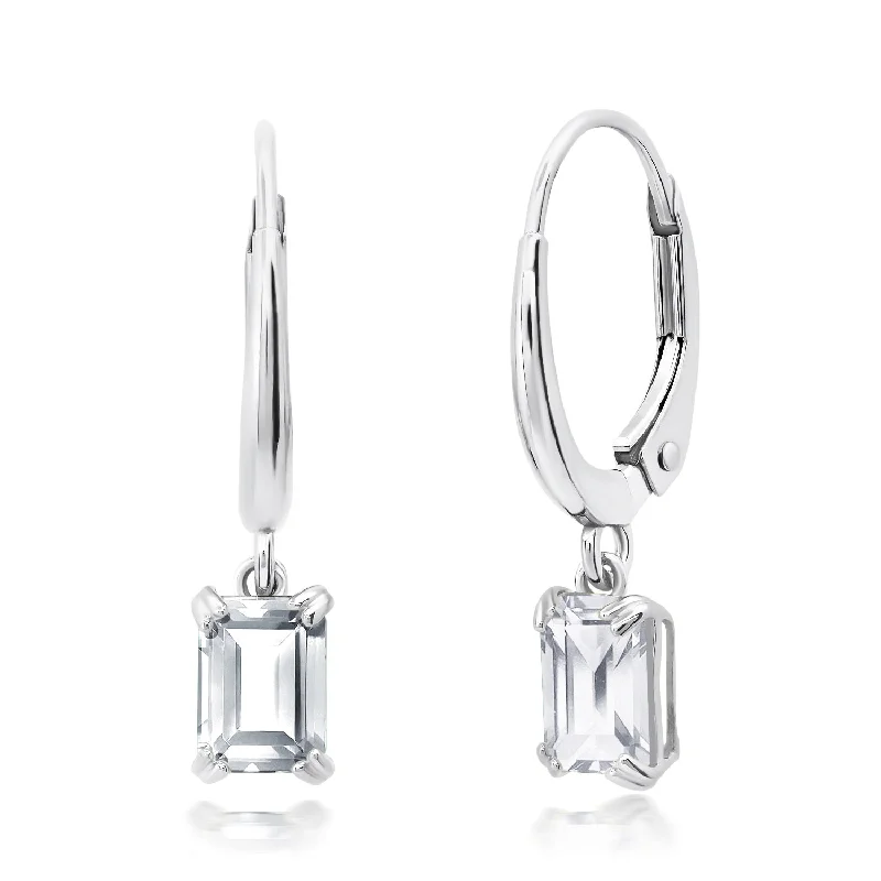 Stud Earrings for Graduation Day -10k White or Yellow Gold Emerald Cut 6x4mm Gemstone Dangle Lever Back Earrings with Push Backs