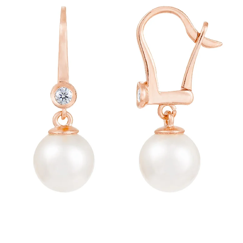 Floral Stud Earrings with Petals -14k Gold Leverback Earrings With 5pts Bezel Accented Pearl Earrings