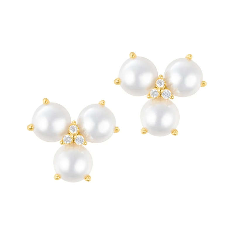 Maximalist Stud Earrings for Bling -14k Gold Plated 3-Point Freshwater Pearl Flower with CZ Earrings