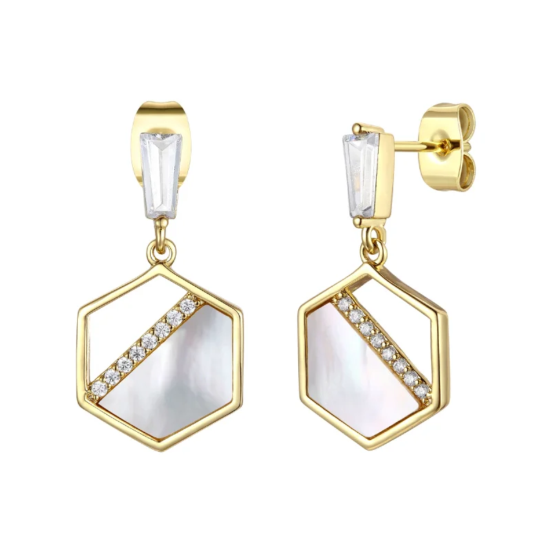 Square Drop Earrings for Modern -14k Gold Plated Sterling Silver with Mother of Pearl & Cubic Zirconia Hexagon Dangle Earrings