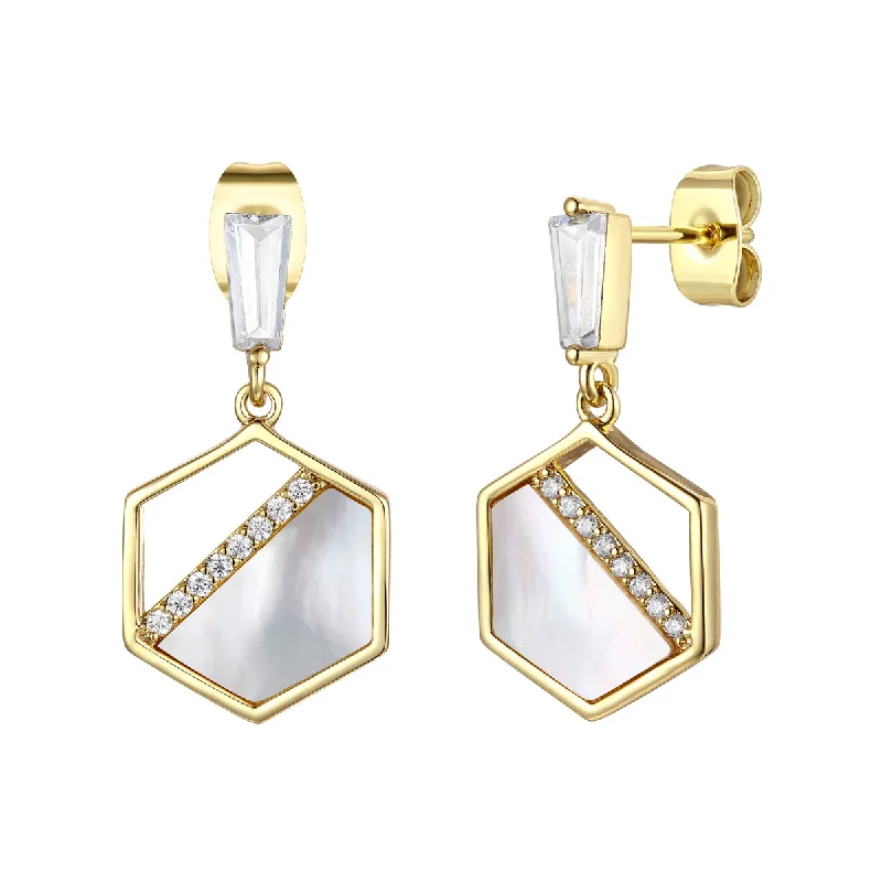 Stud Earrings with Rhinestones -14k Gold Plated Sterling Silver With Mother Of Pearl & Diamond Cubic Zirconia Hexagon Dangle Earrings