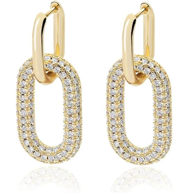 Stud Earrings with Crown Designs -14k Gold Plated with Clear Simulated Diamond Double Hoop Earrings