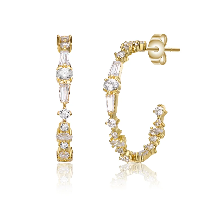 Stud Earrings with Keyhole Designs -14k Gold Plated with Clear Simulated Diamond Hoop Earrings