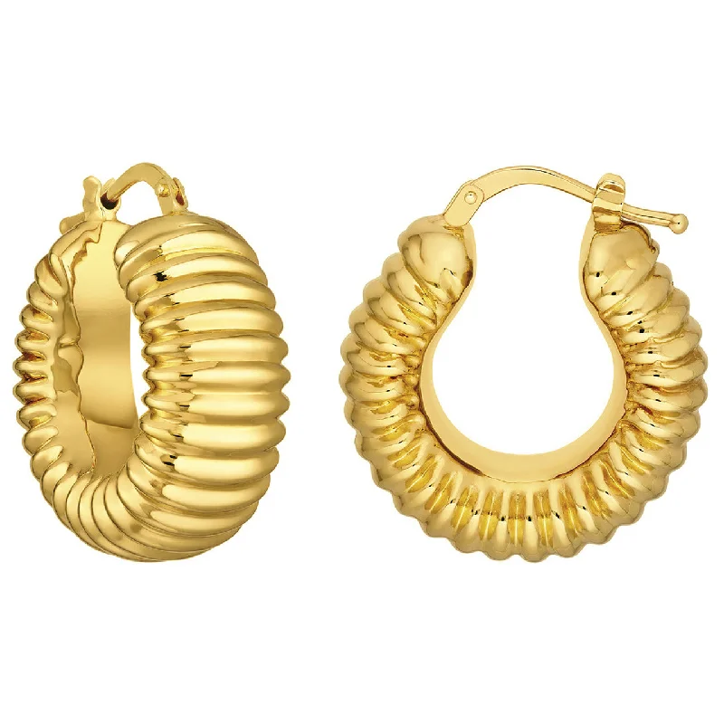 Drop Earrings for Birthday Celebration -14k Yellow Gold Puff Ribbed Hoop Earrings with Hinged Back